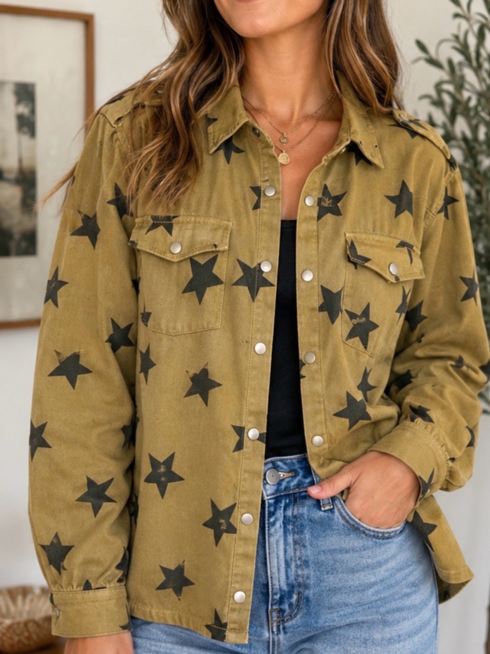 MACARON Olive Green Star Print Button-Down Shirt